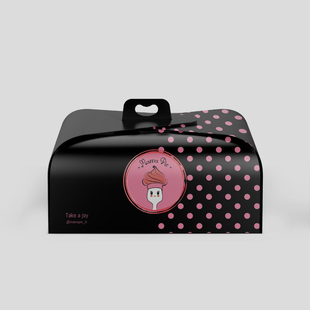 Box Mama Pie Packaging porta torta personalizzato con pois rosa e logo centrale. La frase “Take a joy” richiama lo spirito inclusivo del brand, rendendo l’esperienza ancora più dolce.