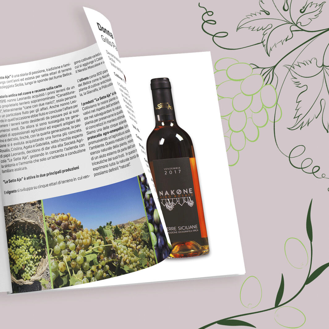 Depliant Progetto per azienda agricola siciliana. Depliant quadrato con foto a tutta pagina e layout arioso. Pensato per raccontare i prodotti valorizzando territorio, origine e tradizione.